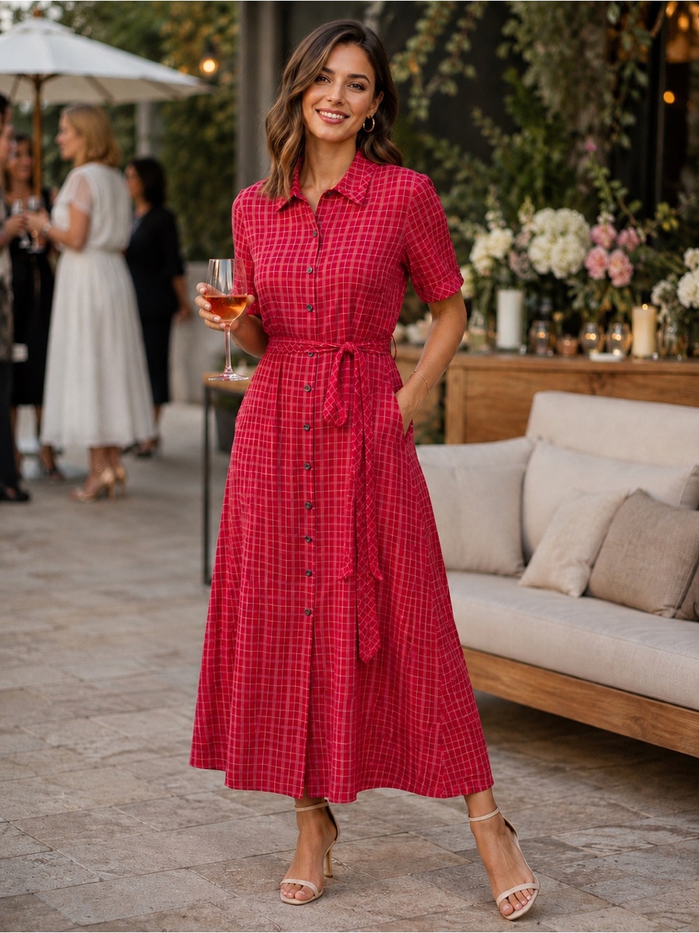 Talbots Red Checked Button-Front Maxi Shirt Dress-8-vintage MCM-country-Party